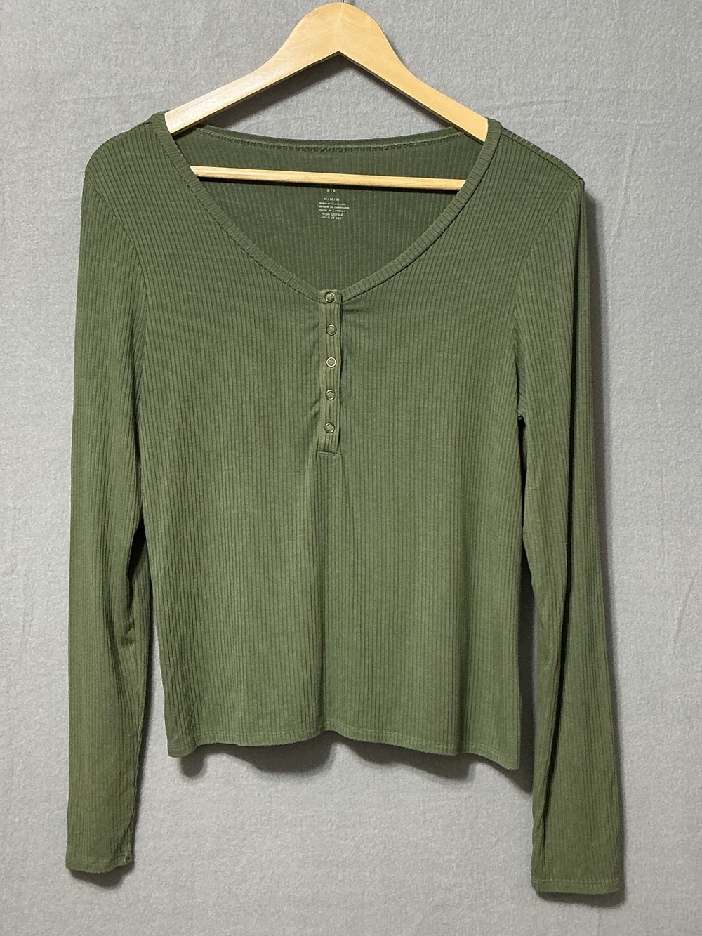 American Eagle Soft & Sexy Ribbed Henley Long Sleeve Top Olive Green Size M